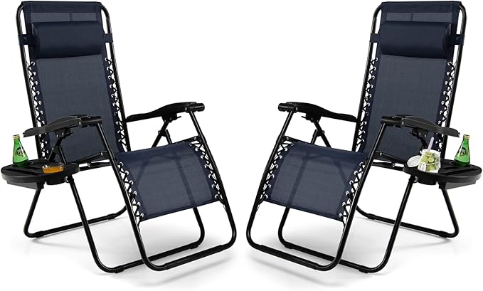 Tangkula Set of 2 Zero Gravity Chair, Folding Patio Lounge Chair Adjustable Outdoor Recliner with Cup Holder, Wide Armrest for Patio Garden Poolside Outdoor Yard Beach, Support 350 lbs (2, Navy Blue)