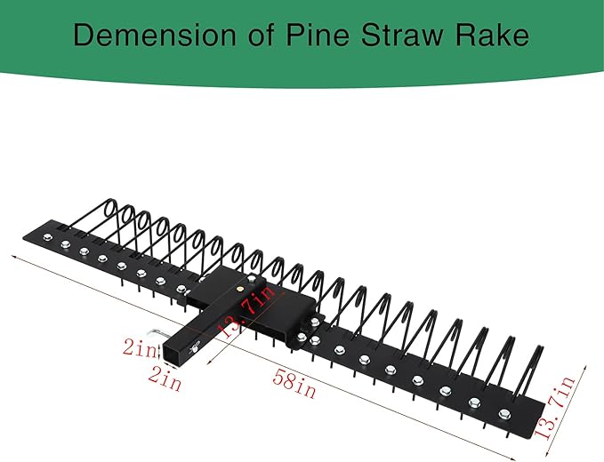 5FT Durable Pine Straw Rake Steel Spring Landscape Rake Fits 2" Receiver for Lawn Tractors or ATV/UTV，Black