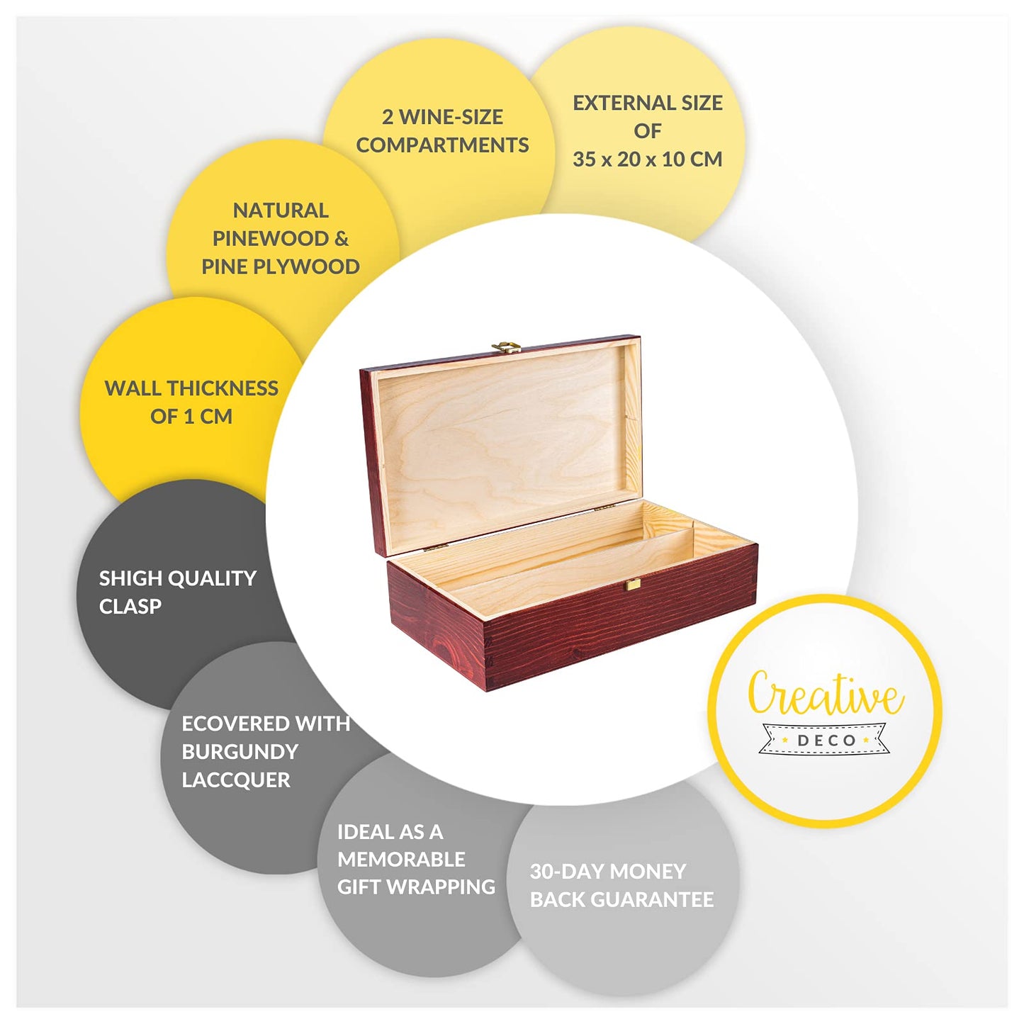 Creative Deco Red Wine Wooden Box Gift Storage | 2 Bottles | 13.77 x 7.87 x 3.93 in | Wood Holder Lacquer | Perfect Luxury Box for Christmas, Birthday, Wedding, Valentine’s Day, Anniversary