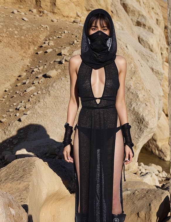 Women's Streetwear Rave Outfits High Slit Off Shoulder Hooded Dress Sexy Plunging Neckline Rave Swimsuit Cover Ups