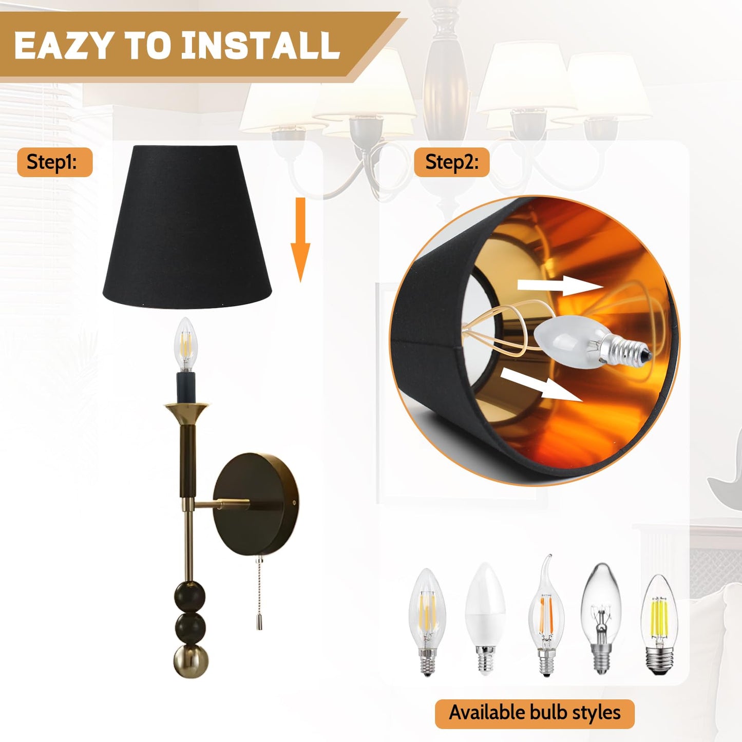Ruiever 6pack Small Lampshades Clip On Bulb Fabric Lamp shade Bottom 5.9''x Top 3.54''xH 5.12'' for Chandeliers Wall Ceiling Table and Floor Lamps Eyes Protected Lampshades (Black)