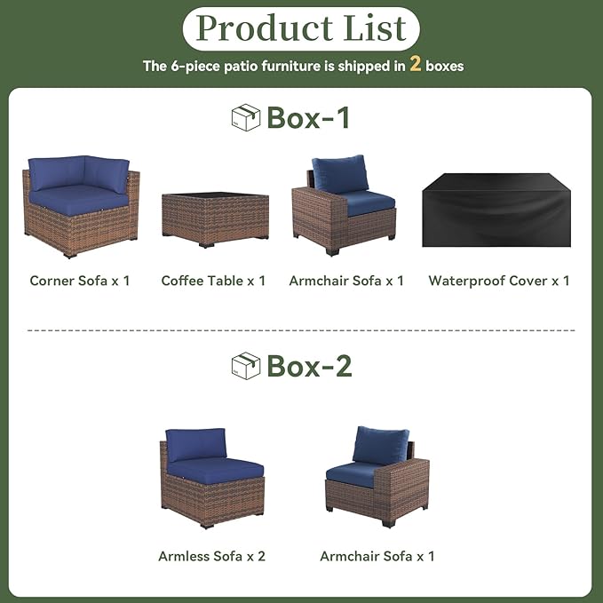 Aoxun 6 Piece Patio Furniture Set with Wide Armrests Wicker Rattan Outdoor Sectional Sofa Set with Coffee Table and Thickened Cushions, Brown/Blue(Waterproof Cover Included)