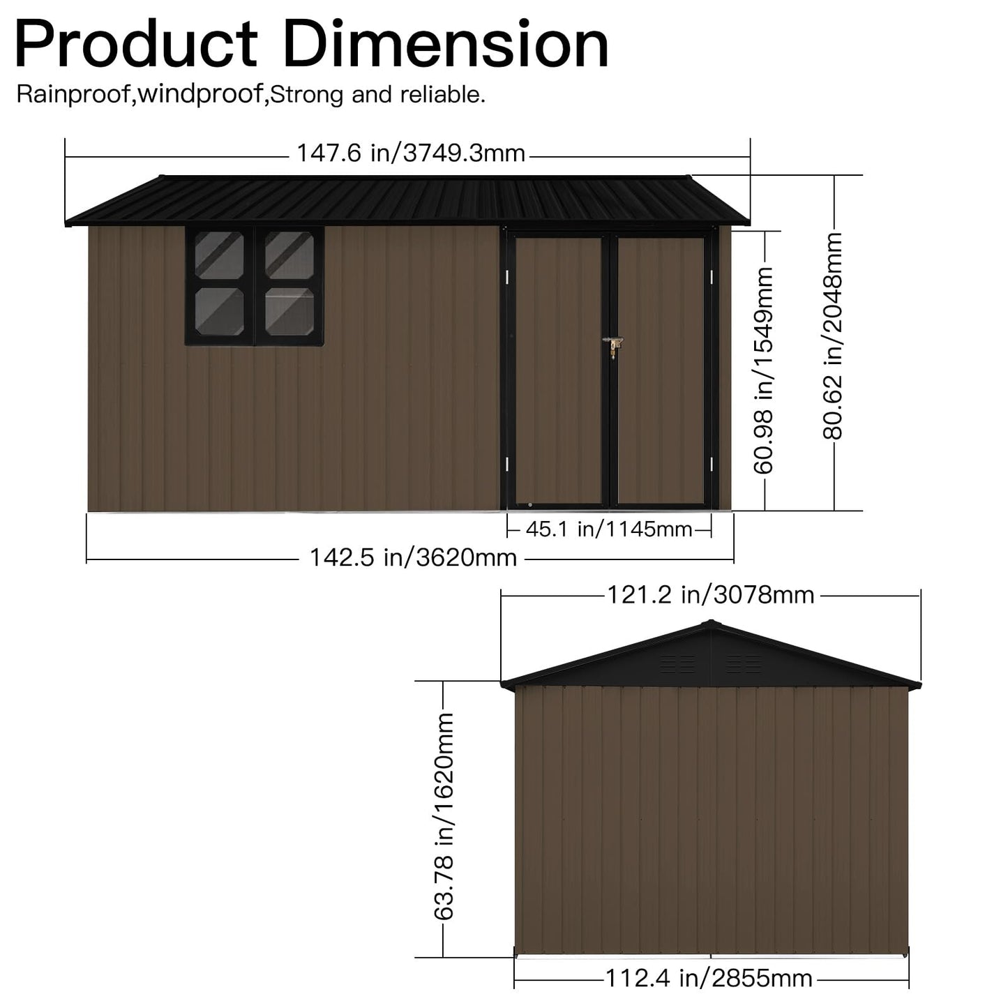 KEIKI 12x10 FT Metal Garden Shed with Window & Storage Shelves, Outdoor Storage House, Apex Roof Ventilated Heavy Duty Shed with Hinged Door for Backyard Tool Organization, Lock Included, Brown
