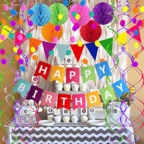 Fecedy Happy Birthday Banner With Colorful Paper Flag Bunting Paper Circle Confetti Garland Swirl Streamers Honeycomb ball...