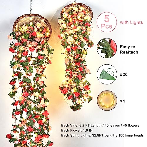 BLEUM CADE 5Pcs 41Ft Flower Garland Artificial Rose Vines with 32.8Ft String Lights, Cute Fake Hanging Flower Vines Floral...