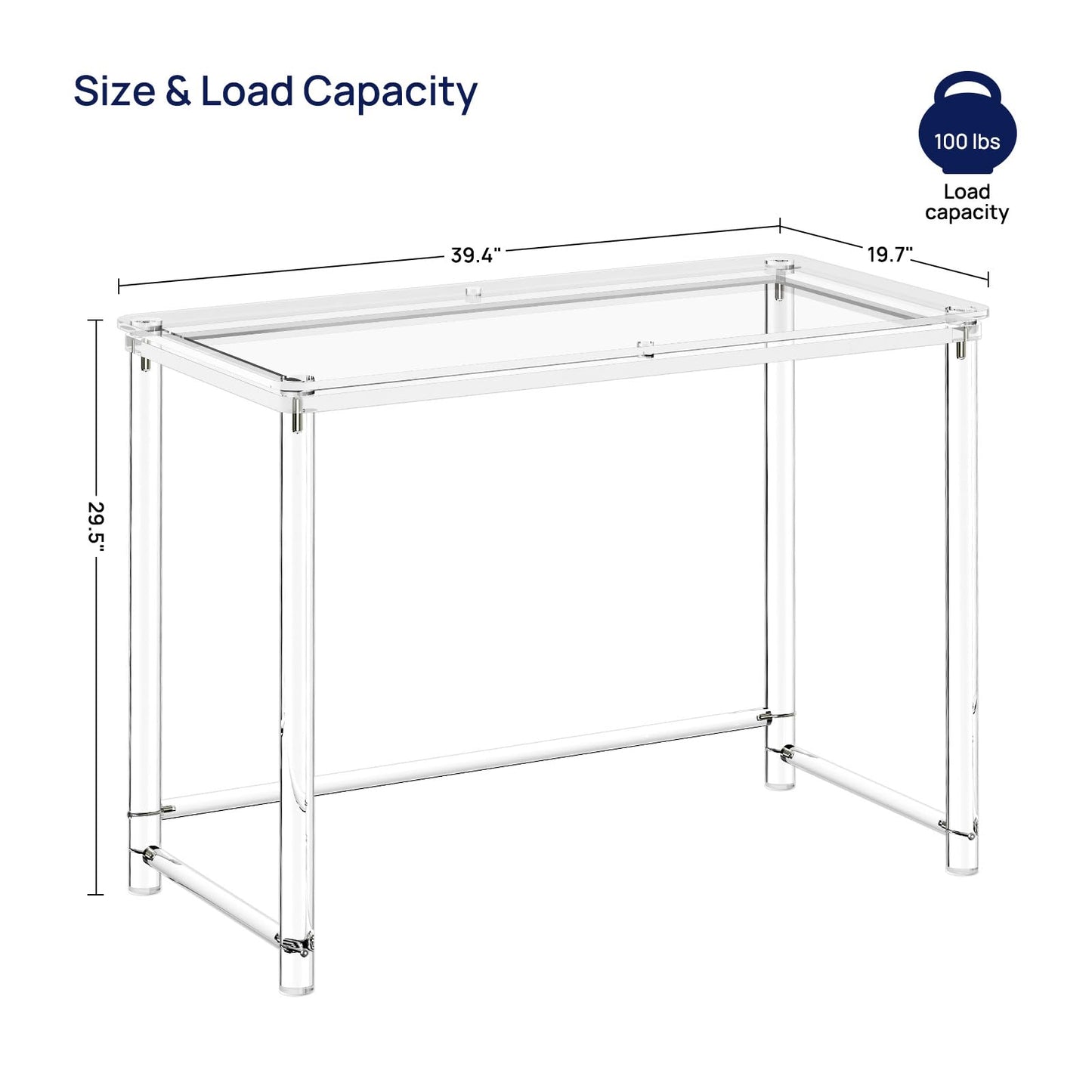 HMYHUM Acrylic Desk, Clear Desk for Home Office for Laptop, Study, Writing, Vanity Table with Cylindrical Legs, Modern, Easy Assembly, 39.4" L x 19.7" W x 29.5" H