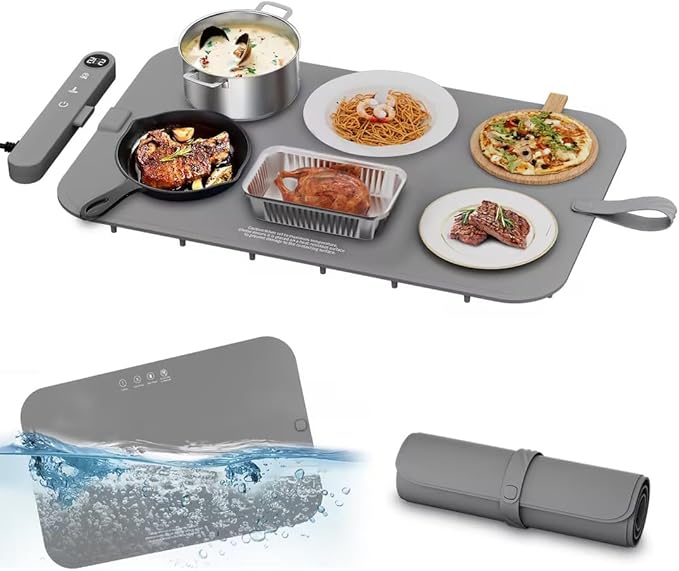 Upgrade Graphene Warming Mat for Food - Full Surface Heating, Waterproof Electric Warming Tray with 6 Temp Modes & 6H Timer for Parties Countertop, Gifts for Mom (Gray)