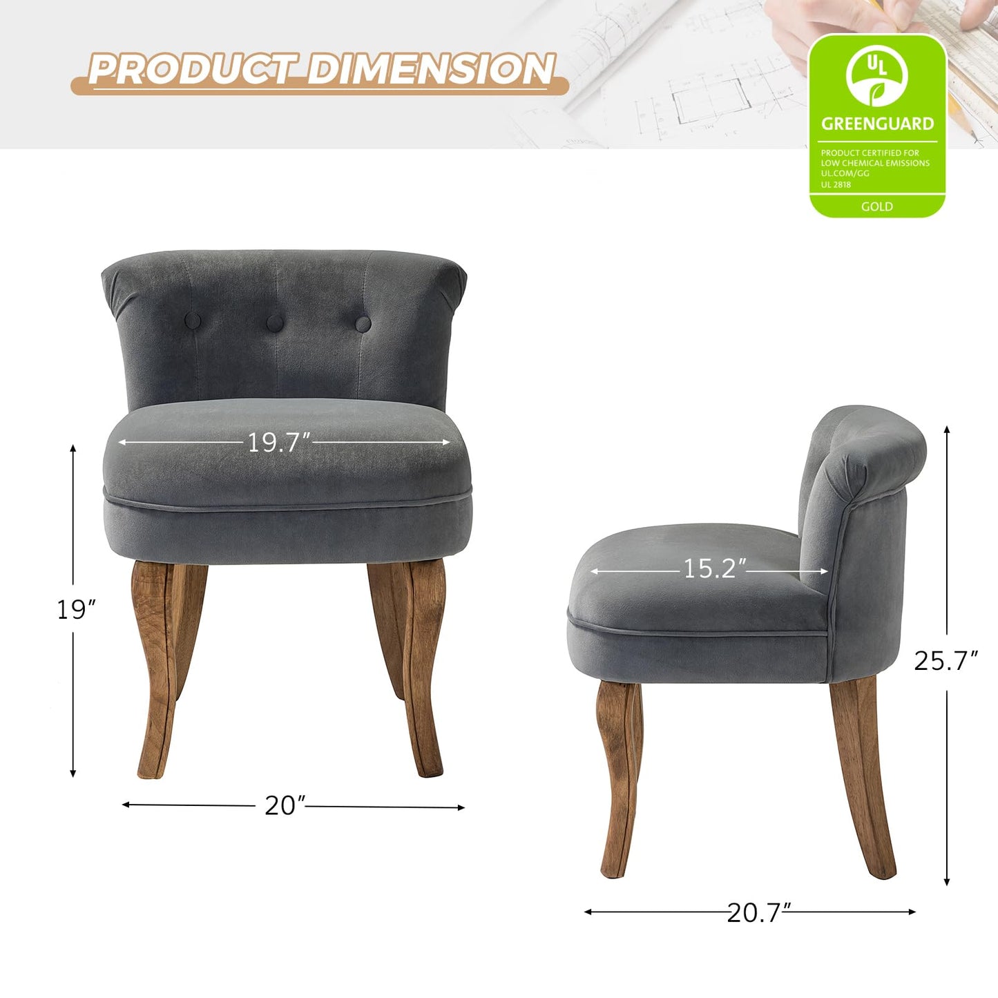 HULALA HOME Velvet Vanity Stool with Low Back, Modern Vanity Chair with Solid Wood Legs, Small Upholstered Makeup Chair Home Decor for Bedroom Living Room Dressing Table, Women Girls, Grey