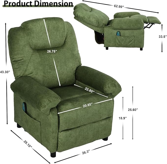 Pushback Massage Recliner Chair with Heat, Fabric Heated Massaging Reclining Chair Single Sofa for Adults, Mid Century Small Push Back Manual Recliner for Living Room,Green