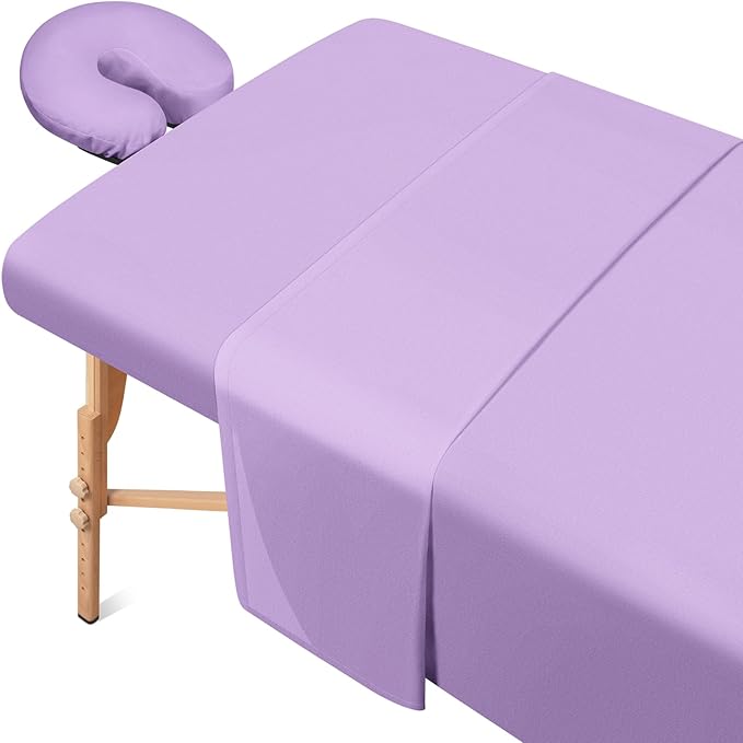 Comfyanno Massage Table Sheets Sets, 3 Pcs Professional Microfiber Massage Bed Cover Sheets, Soft, Light-Weight, Stain & Wrinkle Resistant, Includes Flat & Fitted Sheet, Face Cradle Cover - Lavender