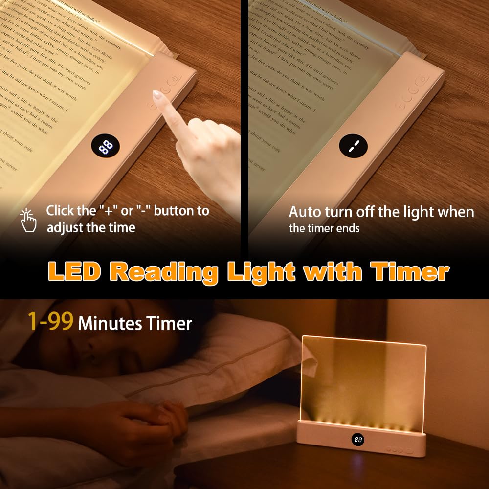 Book Light, Rechargeable Clear LED Flat Reading Light with 3 Colors & Timer, Dimmable Panel Plate Lamp Book Full Page Light for Reading in Bed at Night, Funny Gifts for Readers Kids Women Men (White)