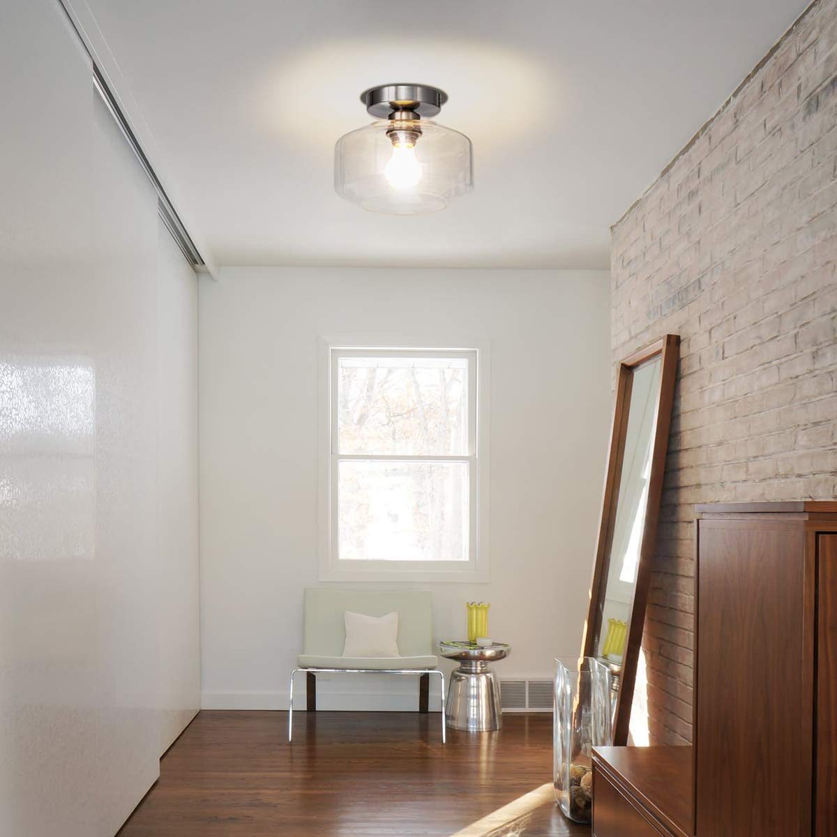 TeHenoo Semi Flush Mount Ceiling Light,Clear Glass Shade, E26 Socket,Brushed Nickel Ceiling Light Fixtures for Hallway,Entryway,Porch