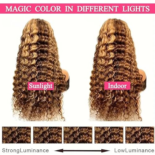 4/27 Deep Wave Lace Front Wigs Human Hair Honey Blonde Highlight Ombre Wigs Human Hair for Women 180 Density 13x4 HD Transparent Lace Frontal Wigs Pre Plucked with Baby Hair 22 Inch