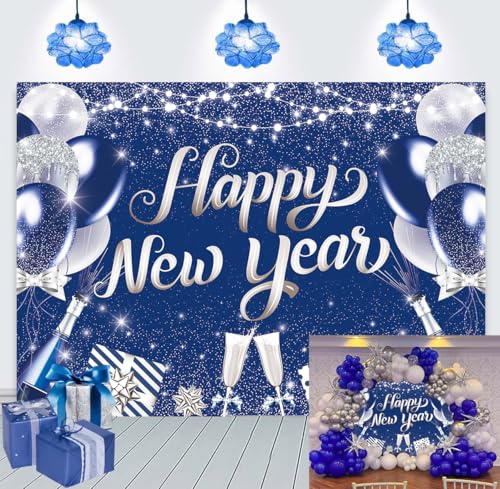 Happy New Year 2026 Backdrop Blue Silver Balloon New Year Photography Background Cheers to 2026 Holiday Party Banner Photo...