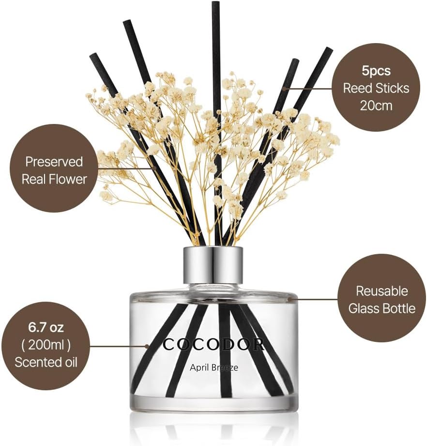COCODOR Flower Reed Diffuser Set / 6.7oz / Lemon Eucalyptus/Scent Diffuser with Sticks Home Fragrance Reed Diffuser for Bathroom Shelf Decor