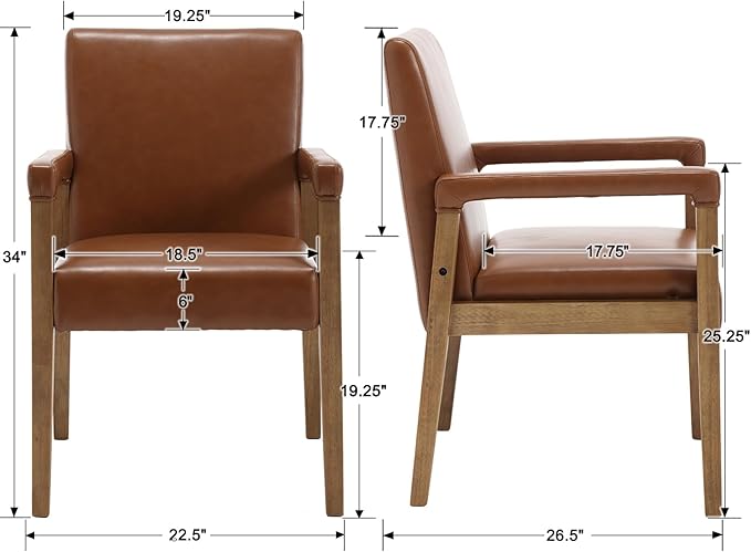 DM Furniture Mid Century Modern Dining Chairs Set of 2 Faux Leather Upholstered Accent Chairs Comfy Kitchen Chairs with Solid Wood Frame Armchair for Living Room, Brown
