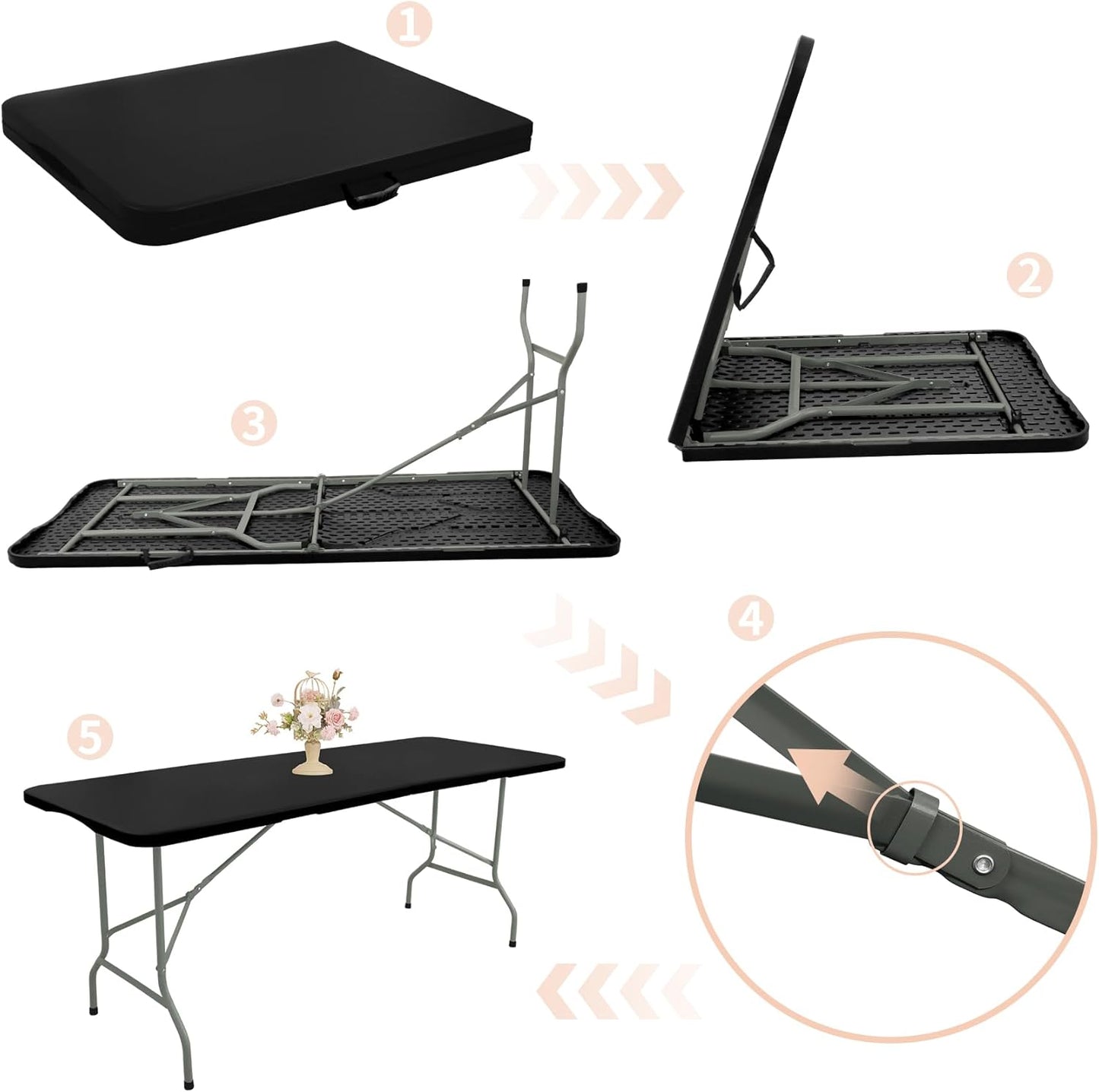 Set of 2 Folding Table 5 FT Camping Table Portable Heavy Duty Plastic Rectangular Outdoor Dining Table Steel Legs Fold-in-Half with Carrying Handle for Indoor,Picnic,Party,Wedding,Events(Black)