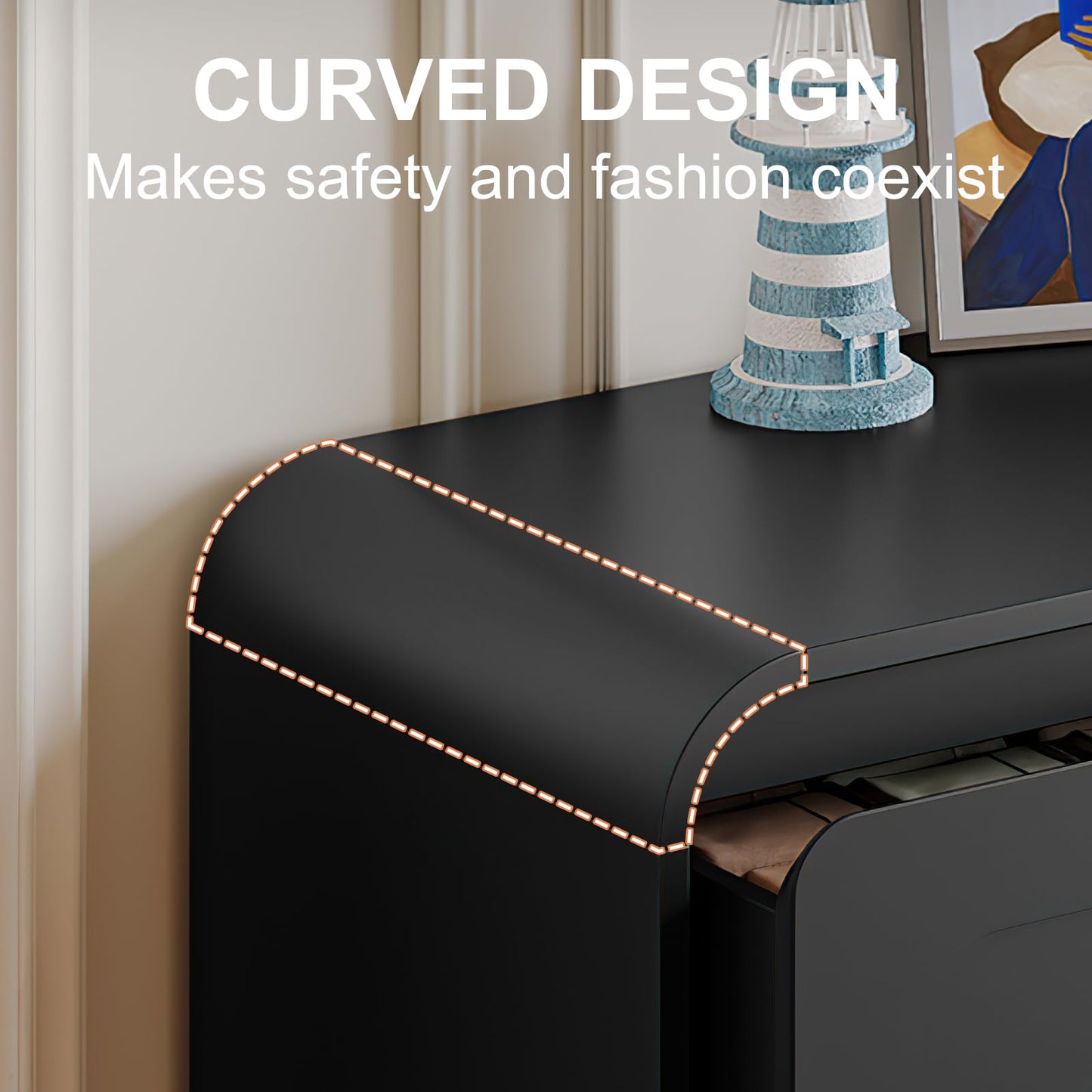 Black Dresser, 47" Wide 6 Drawers Dressers & Chest of Drawers with Pre-installed Slide&Curved Profile Design, Wood Closet Clothes Storage Dressers Organizer for Bedroom Living Room Hallway