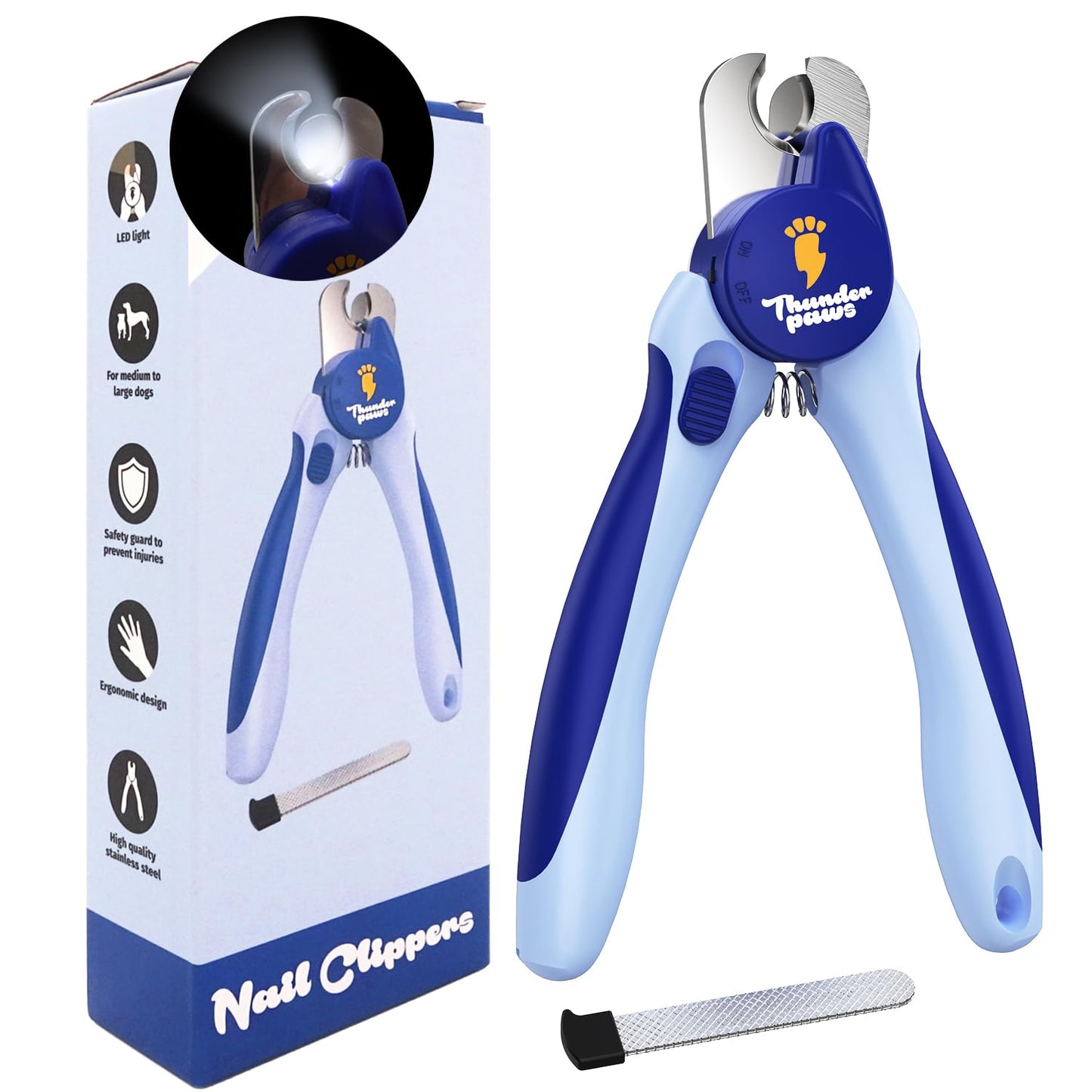 Thunderpaws LED Dog Nail Clippers with Light, Trimmers with Protective Guard, Quick Sensor, Safety Lock and Nail File - Suitable for Large and Small Dogs & Cats (Blue, LED)