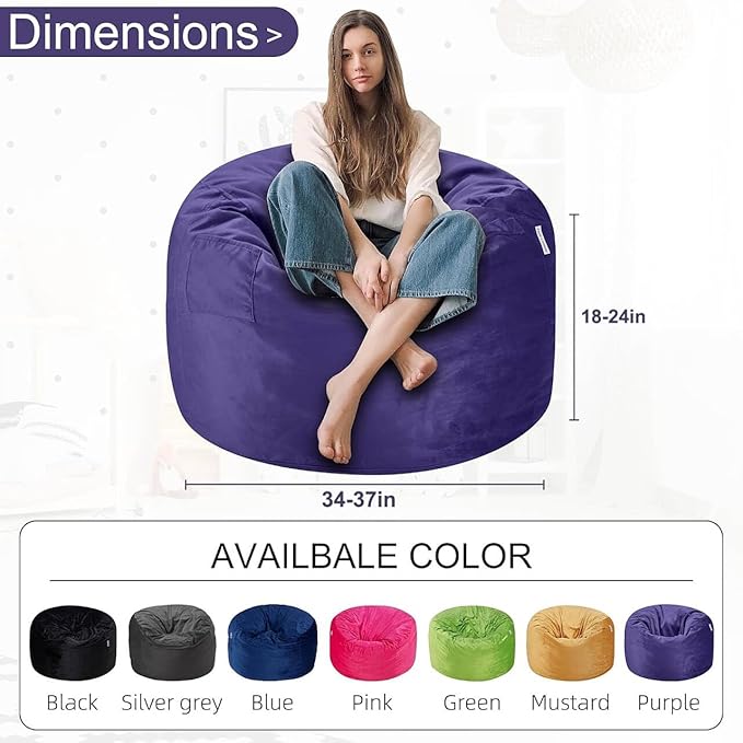 HABUTWAY Bean Bag Chair 3Ft Luxurious Velvet Ultra Soft Fur with High Rebound Memory Foam Bean Bag Chairs for Adults Plush Lazy Sofa with Fluffy Sponge 3' (Purple)