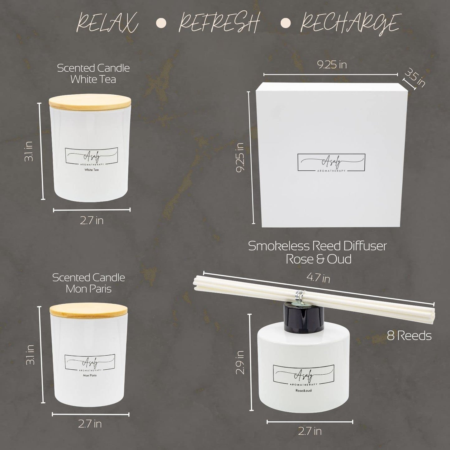 ASALY Luxury Candle Gift Set, 2 Scented Candles and 1 Reed Diffuser. Birthday, Anniversary, Gift Set, Mothers Day Gift. Diffuser Scent of (Rose and Oud), Candle Scents (White Tea and Mon Paris)
