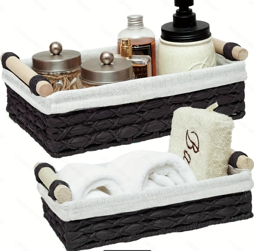 Rattanzenith Set of 2 Handwoven Wicker Storage Baskets with Handles – Small Decorative Organizer Bins for Bathroom, Toilet Tank, Countertop, Toilet Paper Storage, Makeup, Shelf & Home Essentials