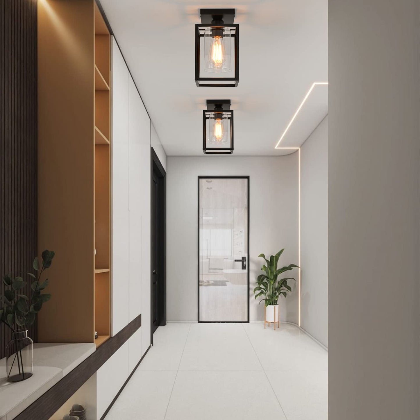 IHENGYANLT 1 Pack Semi Flush Mount Black Metal Frame Ceiling Light with Clear Glass Shade, Farmhouse Fixture for Kitchen, Island, Entryway, Porch, Foyer, Dining Room