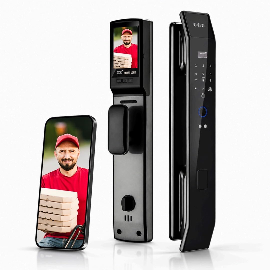 Smart Door Lock with 3D Face Recognition & Camera, Intercom, Video Doorbell, Fingerprint Keyless Entry, Password, IC Card, Key, Alexa Compatible via Tuya App Control, Smart Home Front Door Security