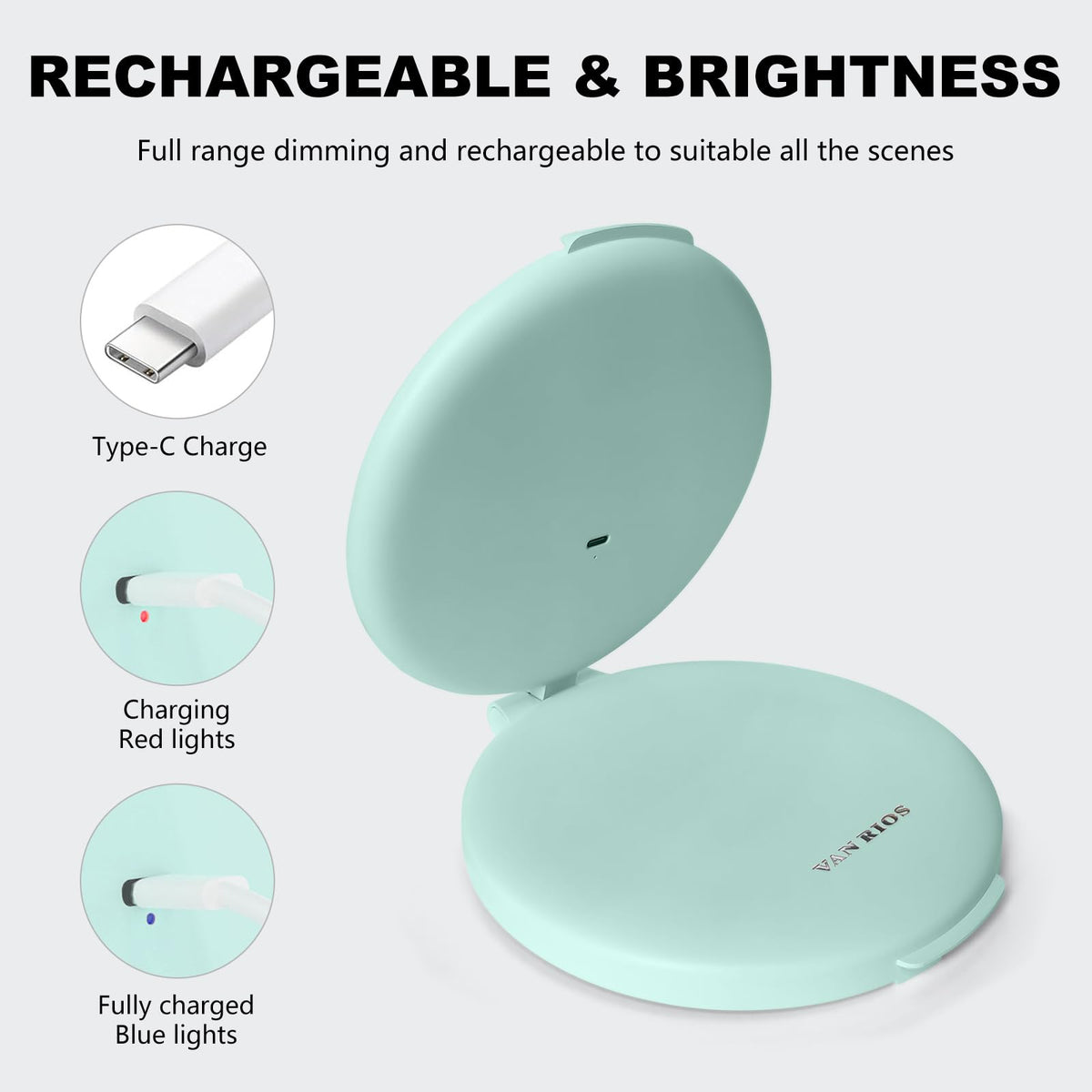 VANRIOS 6.3 Inch Rechargeable Folding 10x Magnification Double Sided Makeup Mirror with Lights, Portable Travel Mirror for Women