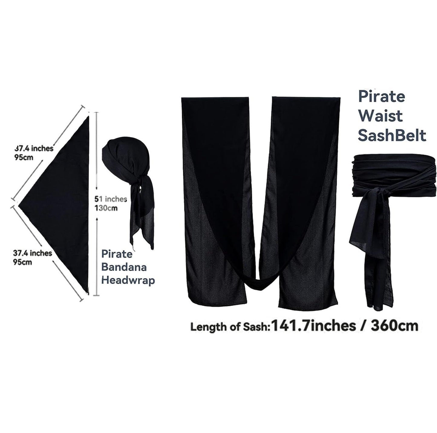 KOTORA Pirate Costume Head Scarf Bandana Hat Waist Sash Medieval Belt Pouch Gold Coin Purse Festival Dress Halloween Accessroy (Black)