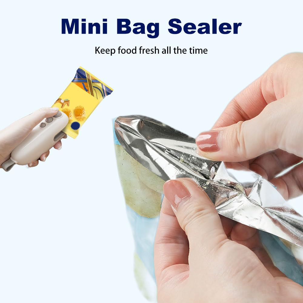 Mini Bag Sealer, 2025 Upgraded 2 in 1 Sealer with Cutter and Magnet, USB Rechargeable Chip Bag Heat Seal, Portable Handheld Resealer Machine for Plastic Bags Snack Bags Food Storage (2, White)