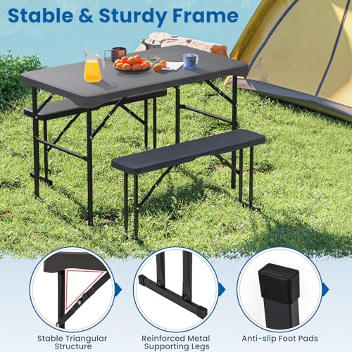 Tangkula Picnic Table with 2 Benches, 3 Piece Folding Picnic Table Set with HDPE Tabletop, Sturdy Metal Frame, 4 Person Pl...
