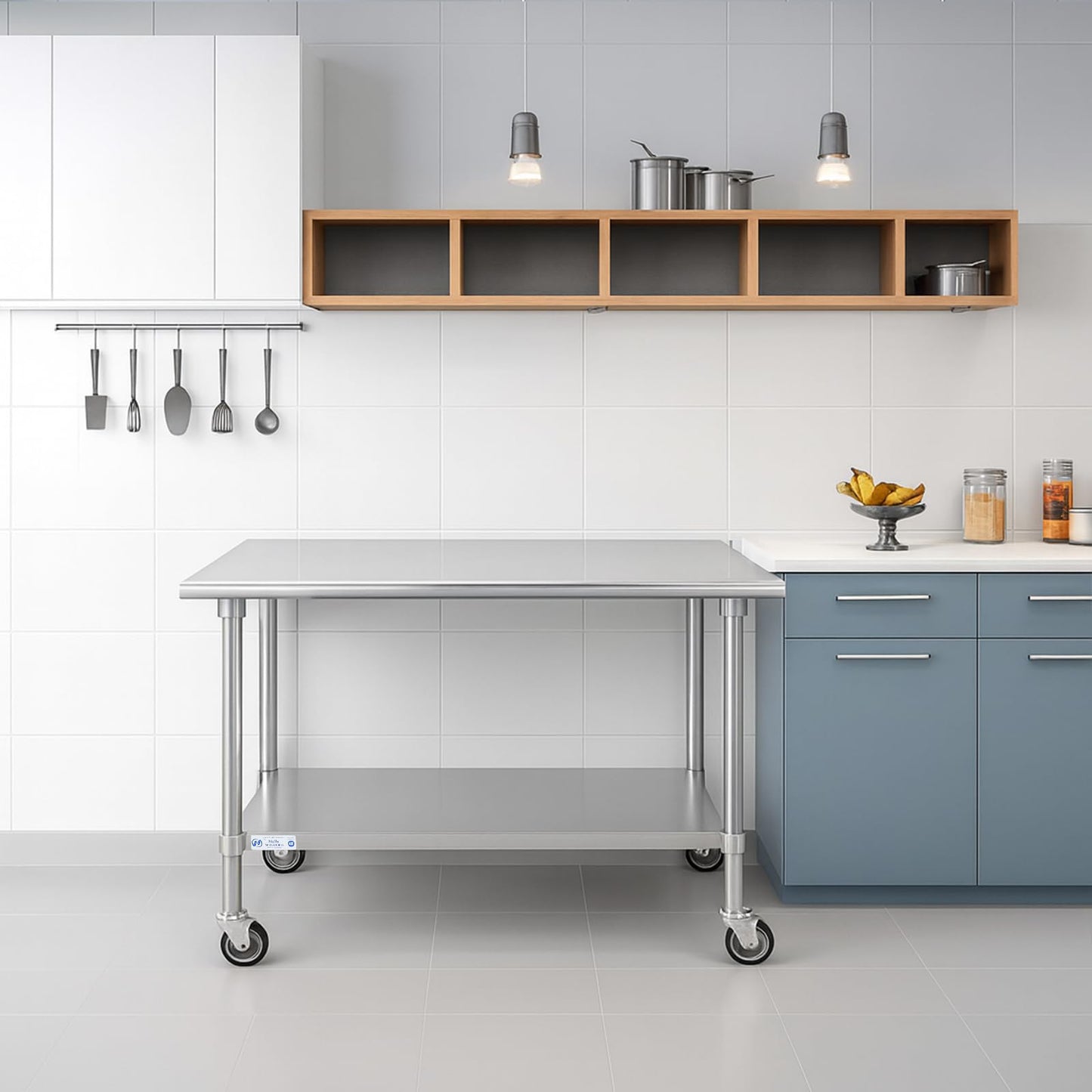 Hally Stainless Steel Table for Prep & Work 30 x 60 Inches with Caster Wheels, NSF Commercial Heavy Duty Table with Undershelf and Galvanized Legs for Restaurant, Home and Hotel