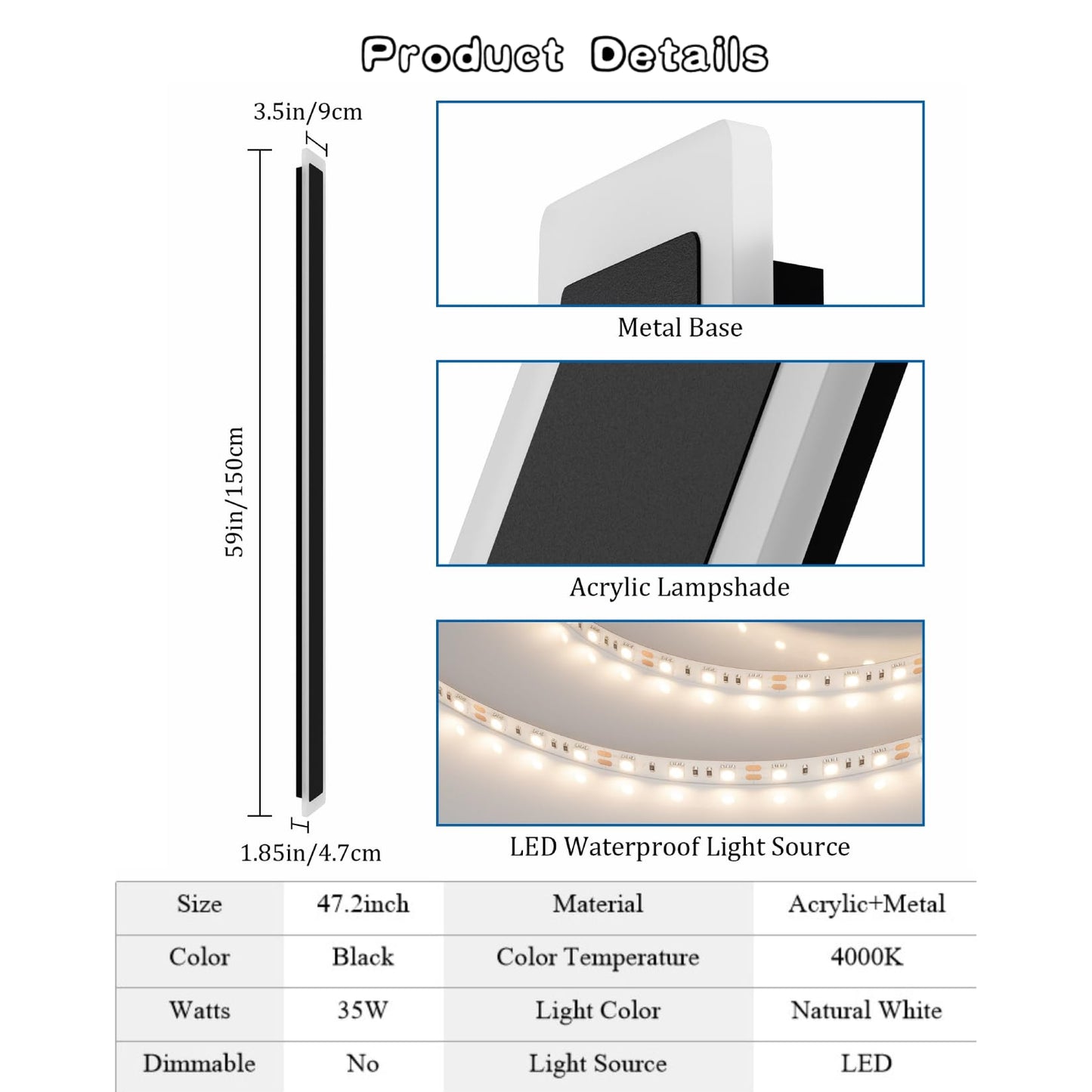 Coinmit Long Outdoor Wall Light 47.2In 4000K,Modern Black Exterior Wall Mount Outdoor Lighting IP65 Waterproof for Porch Courtyard,1Pack