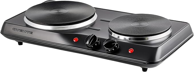 OVENTE Electric Countertop Double Burner, 1700W Cooktop with 7.25" and 6.10" Cast Iron Hot Plates, Temperature Control, Po...