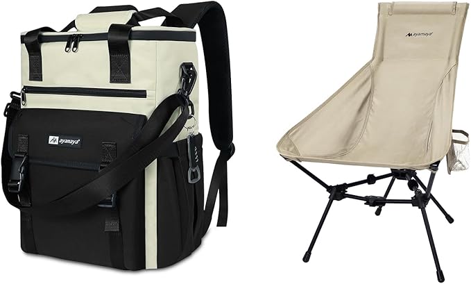 ayamaya Ultralight Chair + Backpack Cooler, High Back Aluminum Widen Frame Structure Folding Chair wigh Side Pocket, Black...