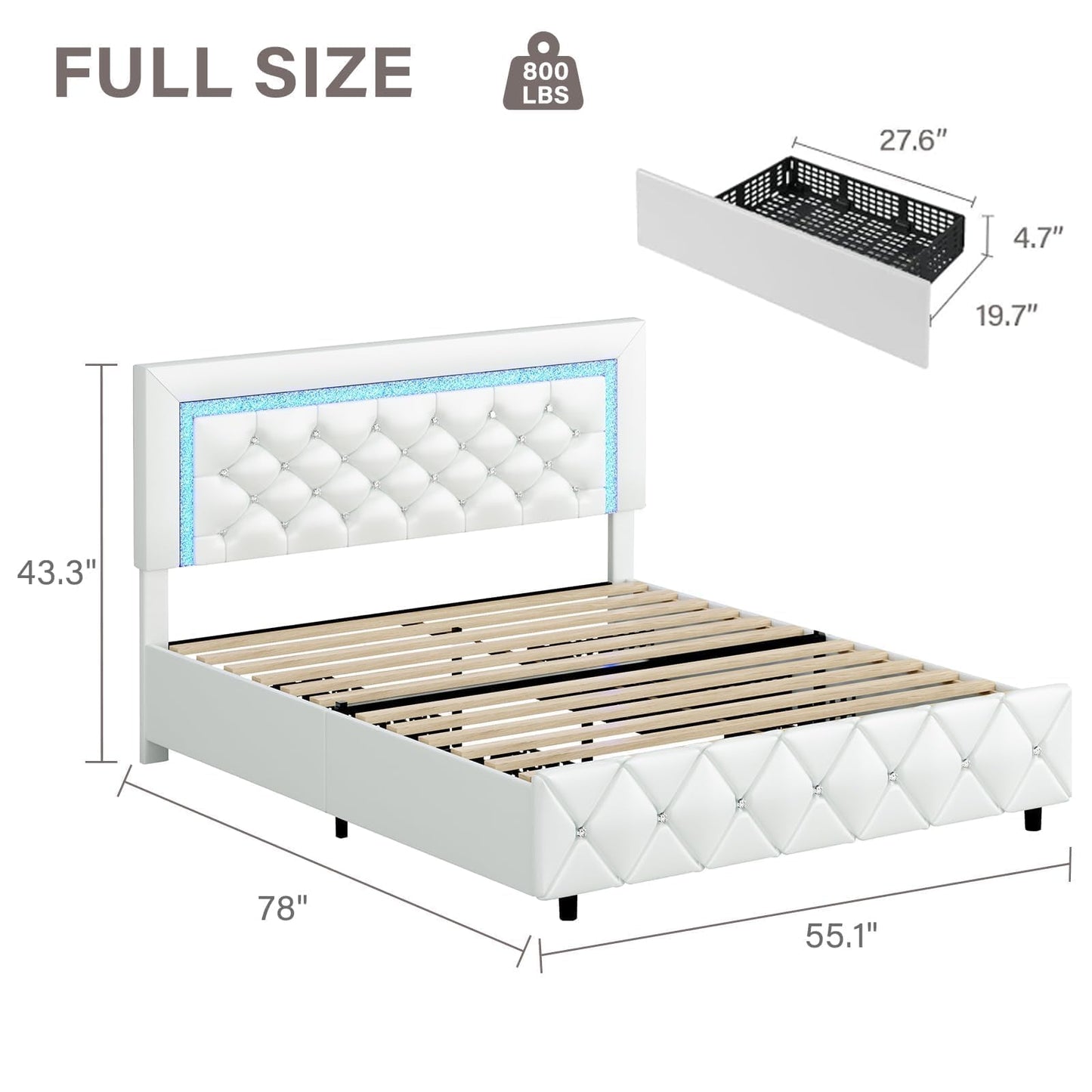 Full Size Bed Frame with LED Lights, Upholstered Bed Frame with Storage Drawers, Princess Platform Bed with Diamond Headboard and Footboard, No Box Spring Needed, White
