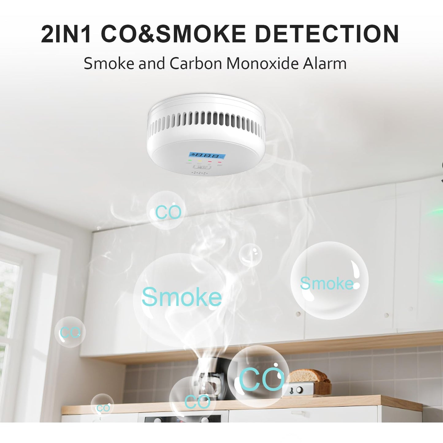 2-in-1 Smoke and Carbon Monoxide Detector Alarm ，Combination Smoke Detector & CO Fire Alarm 2XAA Battery-Operated ，LCD Display & 85db Sound Warning for Home, Bedroom, Kitchen