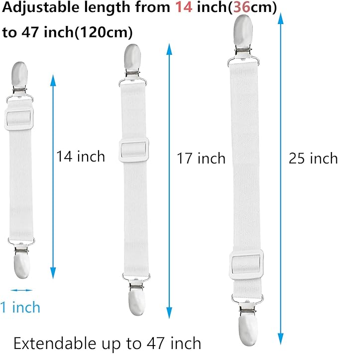 10 pcs Adjustable Bed Sheet Straps,Bed Sheet Clips, Elastic Bed Fitted Sheet Holder from 14 to 47 Inch,Couch/Sofa Cover Straps,Sheet Fastener Suspenders,Fitted Sheet Straps Clips,White