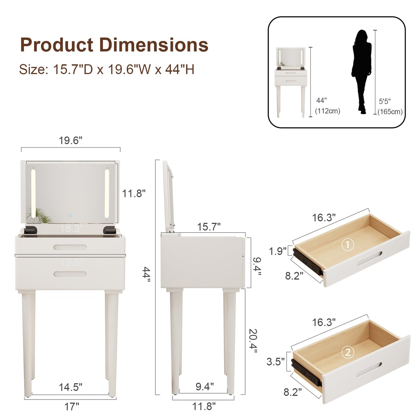Muwuele Solid Wood Small Vanity Desk with Flip Top Mirror, Brightness Adjustable Lights, Compact Vanity with Glass Top and Drawers, Slim Dressing Table for Small Space, Bedroom, Living Room, White