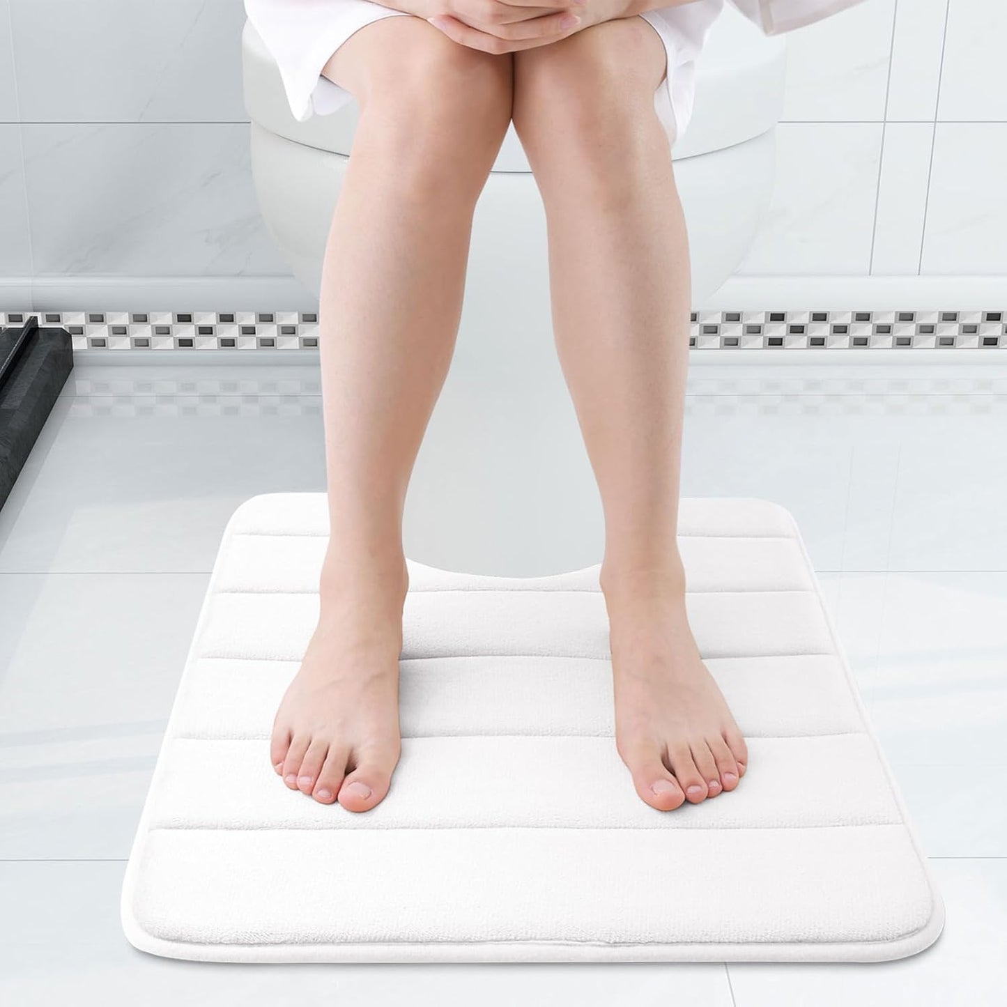 Buganda Memory Foam U-Shaped Contour Toilet Rugs, Non Slip Absorbent, Thick Soft Washable Bathroom Mat, Floor Carpet Bath Rugs Mat for Toilet Base (24" x 20", White)