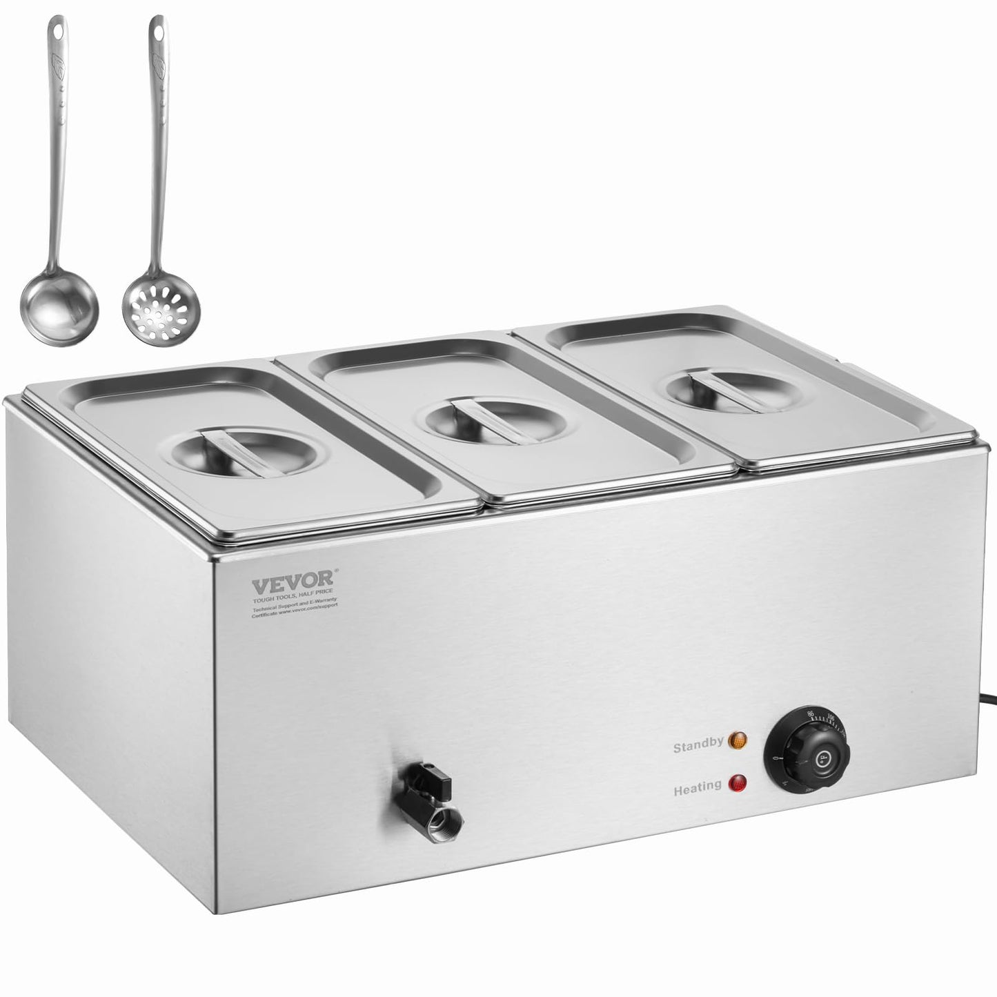 VEVOR 3-Pan Commercial Food Warmer, 24QT Electric Steam Table, 1200W Professional Countertop Stainless Steel Buffet Bain Marie with 86-185°F Temp Control for Catering and Restaurants, Silver