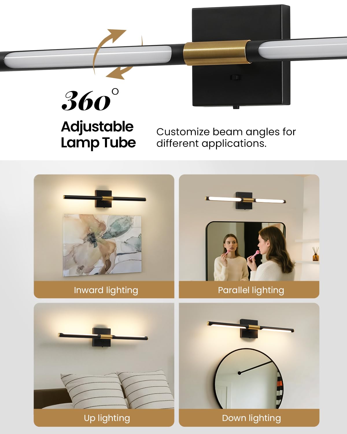 Faziyo Black Gold Vanity Light Fixtures for Bathroom Over Mirror 24 inch LED Bath Sconces IP44 5CCT Adjustable Morden Picture Lights for Paintings (Built-in Dimmer)