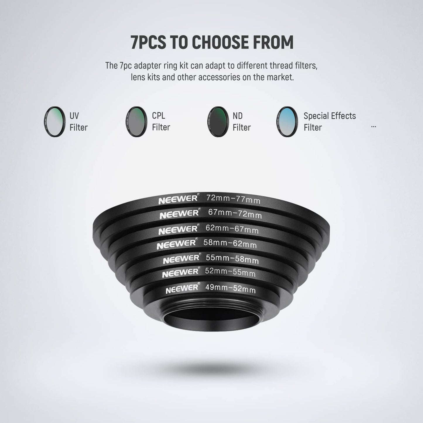 Neewer 7Pcs Step Up Rings Filter Adapter, 49-52Mm, 52-55Mm, 55-58Mm, 58-62Mm, 62-67Mm, 67-72Mm, 72-77Mm Threaded Premium Anodize