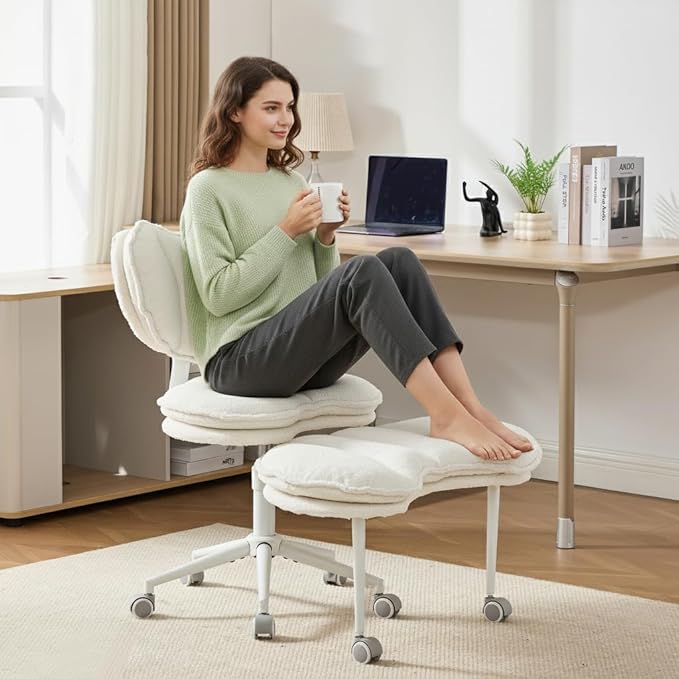 Cross Legged Office Chair with Wheels, Double-Layer Cushion & Backrest, 360° Swivel Meditation Yoga Chair, Adjustable Height Ergonomic Desk Chair for Adults & ADHD, Teddy Fabric, Ivory