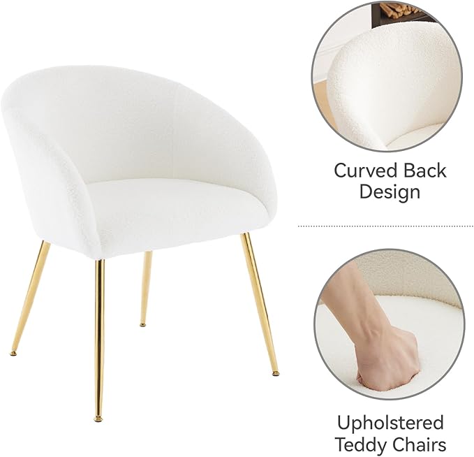 YDcosyfy Modern Small Accent Chair Set of 4, Comfy Sherpa Makeup Vanity Chair with Golden Metal Legs, Decorative Dining Chair no Wheels for Living Room, Dressing Room, Bedroom, White