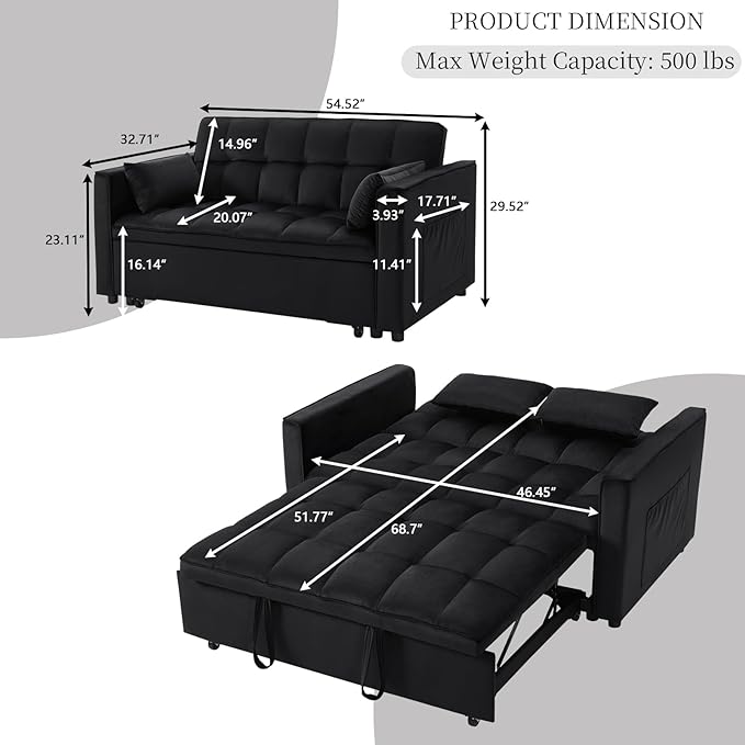 OjvZxqtbrnl Convertible Sofa Bed,3 in 1 Pull Out Couch Adjustable Backrest, Modern Velvet Upholstery Sleeper Sofa Bed, Loveseat Couch for Living Room, Bedroom & Apartments (Black)
