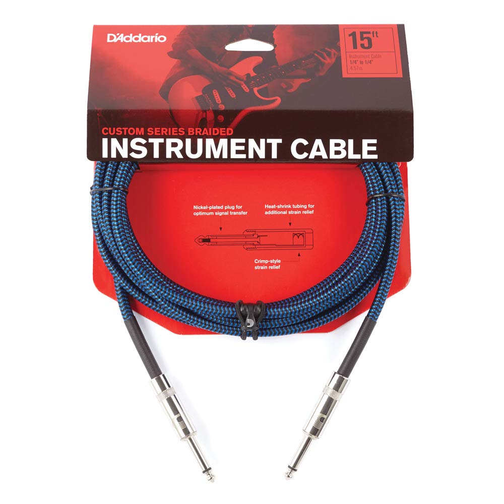 Daddario Guitar Cable - Guitar Lead - Instrument Cable - Guitar Accessories - Braided Cable - 15 Feet/4.57 Meters - Blue - 1 Pa
