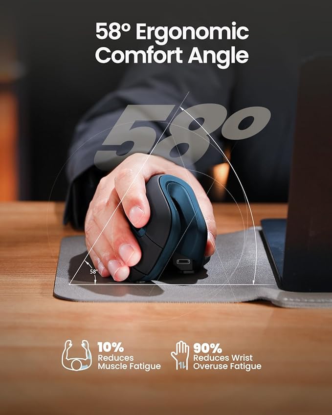 ProtoArc Ergonomic Mouse, EM11 NL Bluetooth Rechargeable Wireless Vertical Mouse, 3 Multi-Device Connectivity for Computer/PC/Laptop, 2.4GHz USB-A Optical Mice for Windows, Mac OS, Blue