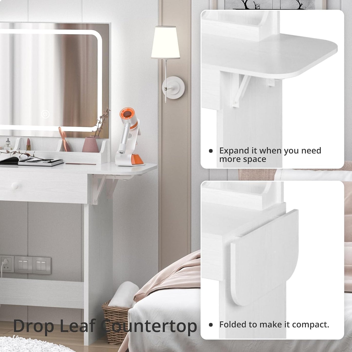 IRONCK Vanity Desk with LED Lighted Mirror & Power Outlet, Makeup Table with Drawers & Cabinet,Storage Stool,Dressing Table for Bedroom, White
